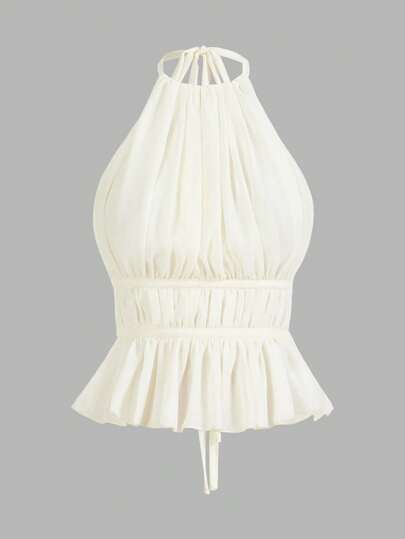 SHEIN PETITE Top de tirantes sin espalda con cuello de halter y cintura anudada plisada para mujer
