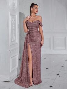 Elisanya 露肩开叉大腿亮片褶皱鸡尾酒会舞会性感长裙配长丝带优雅正式晚会婚礼宾客礼服，适合毕业典礼、晚宴优雅亮片 - 藕粉色 - 查看 6