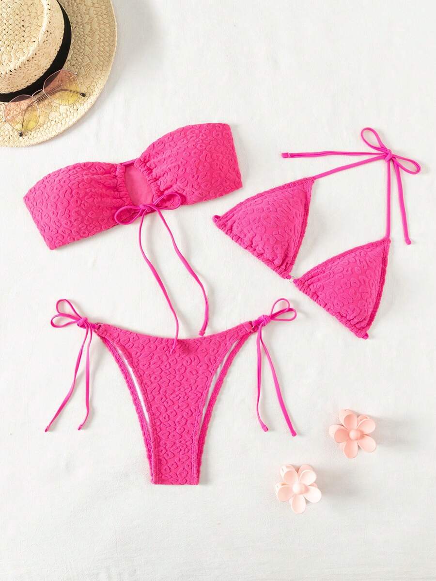 SHEIN Swim Set di bikini a due pezzi sexy da donna per la spiaggia d'estate, tinta unita, con scollo all'americana e bandeau