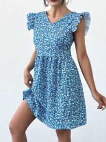 SHEIN PETITE Frenchy Ditsy Floral Tie Backless Ruffle Trim Dress - Blue - View 3