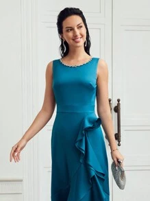 MOTF PREMIUM RHINESTONE DETAIL ASYMMETRICAL LAYERED RUFFLE TRIM DRESS