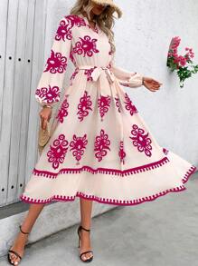 SHEIN Clasi Vestido largo a línea para mujer con estampado de moda y cintura ajustada - Rosa Fucsia - Ver 5