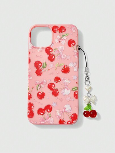 Kawaii 1 pièce Étui de téléphone avec motif cerise nœud papillon avec dragonne pendentif de cerise et de nœud, compatible avec Apple iPhone 11 12 13 14 15 Pro Max