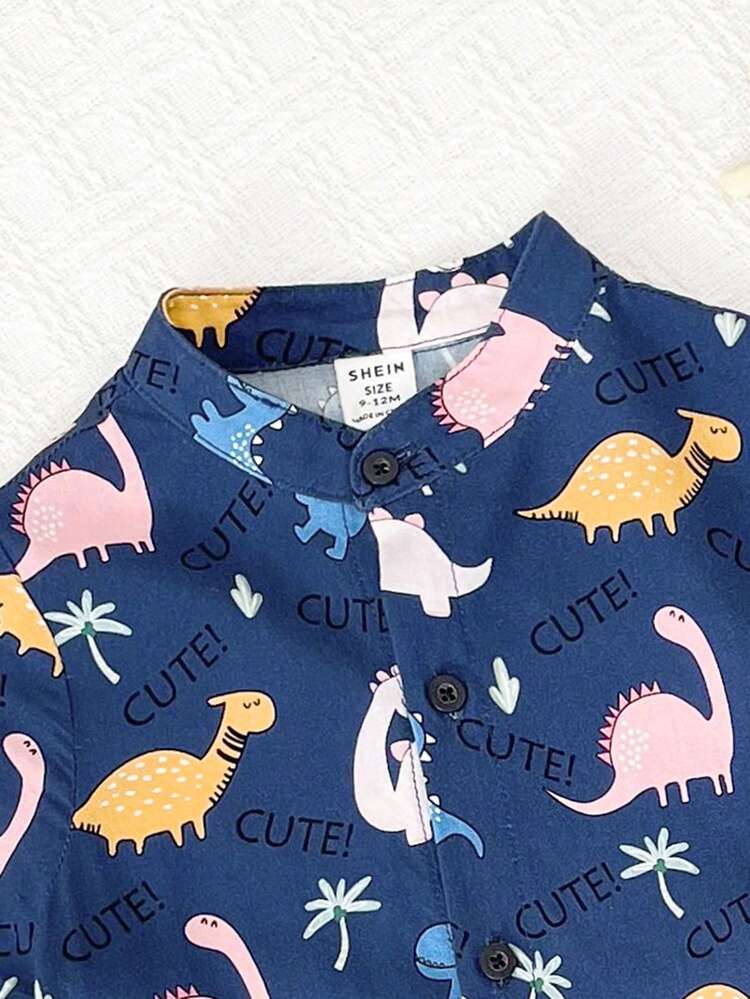 Baby Boy Cute Dinosaur & Letter Print Short Sleeve Shirt And Denim Shorts Set