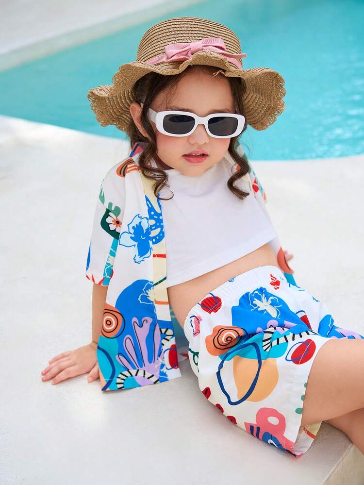 Young Girl/Young Girl Beach Vacation Colorful Floral Print Short Kimono Sleeve Top And Shorts 3pcs Sets Suitable For Summer ,Beach Sunshine Young Girl