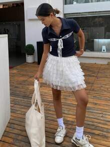 DAZY Tricou de vară pentru femei, cu mânecă scurtă și guler cu bowknot, casual, drăguț - Albastru - Vizualizare 4