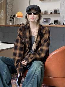 Women's Drop Shoulder Long Sleeve Loose Plaid Casual Blouse, Spring/Autumn,Long Sleeve Tops
