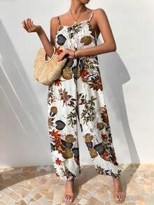SHEIN Essnce Casual Women Summer Vacation Style Loose Tropical Plant Print Cami Jumpsuit Summer Bloomers Jumpsuit Hawaiian Jumpsuit - Multicolor - View 7