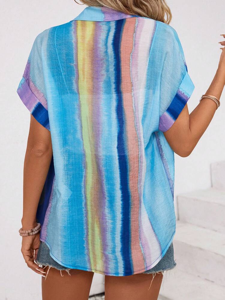 Colorful Striped Shirt With Patchwork Design, Batwing Sleeves And Rhinestone Details, Perfect For Casual Or Vacation Wear