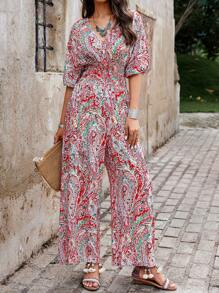 SHEIN LUNE Enterizo de verano fruncido con estampado aleatorio, perfecto para vacaciones - Multicolor - Ver 3