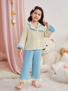 SHEIN Kleine Mädchen Prinzessin Stil Farbblock gestricktes Pyjama Set mit Spitzen Dekoration, Langarm Top und Hose, 2 Stücke