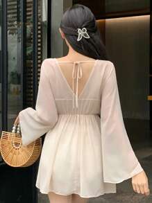 DAZY 女士蕾丝拼接假两件长袖衬衫、荷叶边、娃娃装上衣 - 杏色 - 查看 5