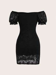 SHEIN Clasi Elegant Lace Patchwork Solid Color Bodycon Dress With Off-Shoulder Design For Summer - Black - View 2