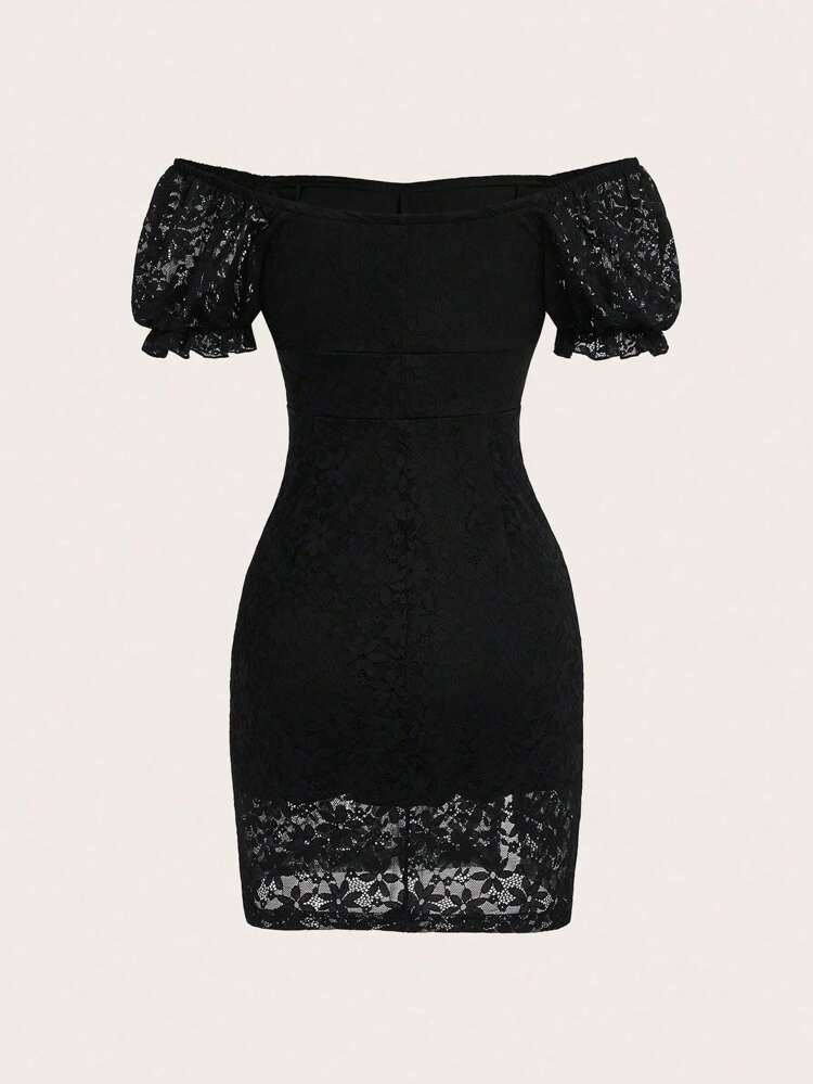 Elegant Lace Patchwork Solid Color Bodycon Dress With Off-Shoulder Design For Summer
