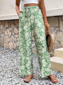 SHEIN Frenchy Pantalones verdes de resort con bolsillo de tajo y lazo frontal con estampado floral grande, pantalones de pierna recta de pierna ancha, pantalones sueltos y casuales de vacaciones - Multicolor - Ver 3