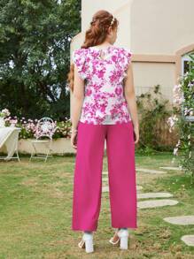 青少女藍色印花長褲2件套裝 - 玫紅色 - 查看 2