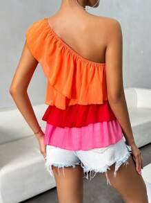 Chiquease 女性時尚斜肩設計對比色荷葉邊襯衫，夏季