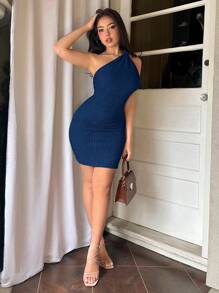 Firerie Vestido ceñido de cuello asimétrico de unicolor hecho de tela con textura para verano - Azul Marino - Ver 3