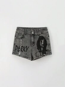 SHEIN Explorewe Teen Girl Y2K Printed High Waisted Tight Shorts - Light Grey - View 1