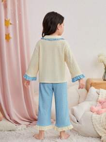 SHEIN Kleine Mädchen Prinzessin Stil Farbblock gestricktes Pyjama Set mit Spitzen Dekoration, Langarm Top und Hose, 2 Stücke