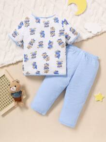 Baby Boys' Simple And Cute Bear Printed Long Pants With Short-Sleeved Cardigan, Loose And Casual 2-Piece Home-Wear Set - Multicolor - View 2