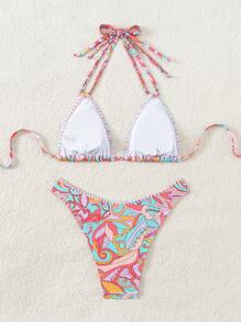 SHEIN Swim Bộ bikini dây buộc cổ in hoa đi biển mùa hè dành cho nữ - Nhiều màu - Xem 2