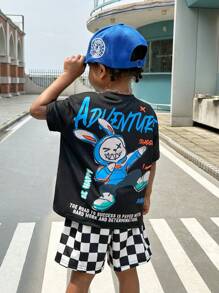 SHEIN SLAYR KIDS SLAYR KIDS 2pcs/Set Young Boys' Casual College Style Comfortable Fashionable Practical Versatile Soft Comfortable Cool Street Graffiti Hand-Painted Breathable & Comfortable Short Sleeve T-Shirt And Checkerboard Pattern Shorts, Suitable For Spring And Summer - Black - View 3
