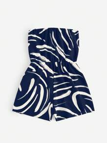 Vacation Style Plant Printed Bandeau Romper (No Belt) Spring Summer Clothing - Navy Blue - View 2