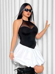 SHEIN ICON Vestido de talla grande con diseño de bloques de color y cuello halter con ribete de volantes