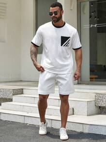 Manfinity Homme Camiseta casual de manga corta para hombre en tallas grandes con diseño de bloqueo de color y bolsillo en el pecho, para el verano