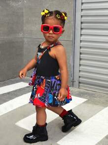 SHEIN New Fashionable Summer Baby Girls' Digital-Printed Knit Dress With Patchwork, Woven Patterns And Matching Accessories
