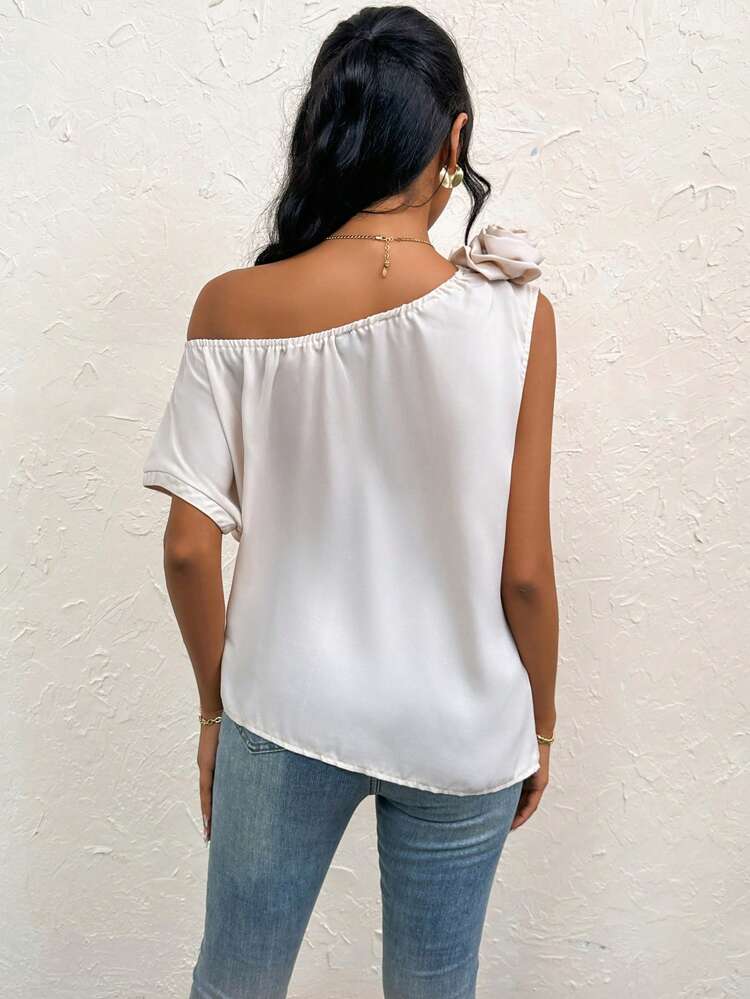 Summer Elegant Solid Asymmetrical Shoulder Shirt With 3d Flower Decoration