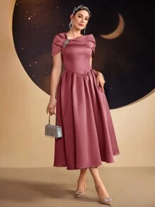 Modelyn 女士纯色不对称领口荷叶边装饰短袖优雅夏季连衣裙、派对连衣裙、派对连衣裙长款晚礼服 - 藕粉色 - 查看 5