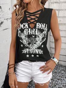 EMERY ROSE Women's Simple Daily Cross V-Neck Printed Tank Top Graphic Tees Women Tops - Black - View 3