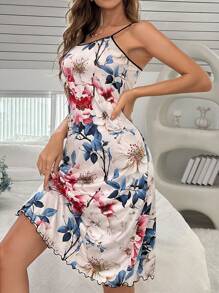 Vestido de pijama de salón con estampado floral aleatorio para mujer - Multicolor - Ver 4