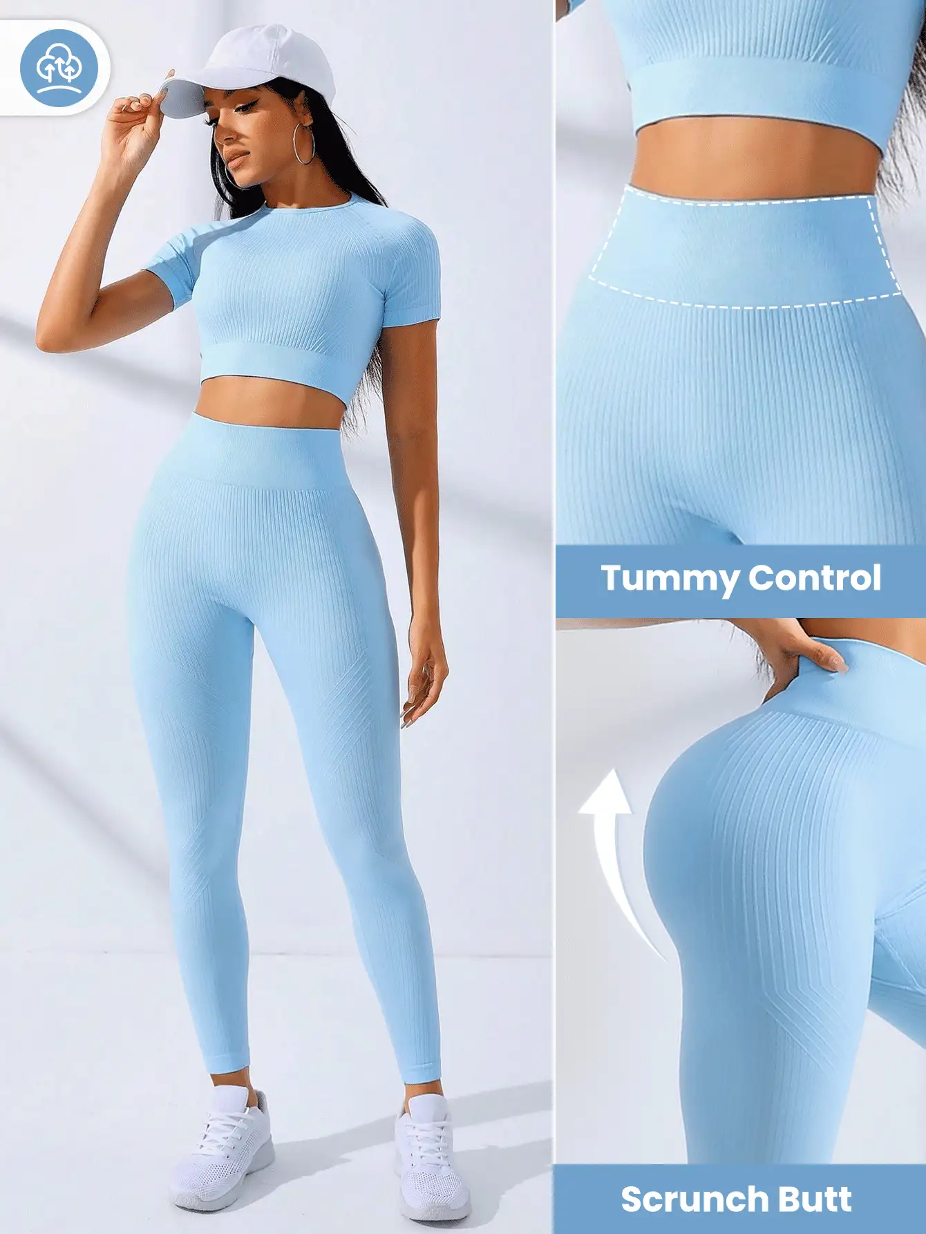 Gameset SHEIN Sport 纯色无缝高弹力短款T恤和紧身裤女士健身套装女士紧身裤套装健身房女士服装 - 淺藍色 - 查看 2