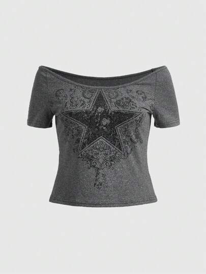 Fairycore Women's Plus Size Off Shoulder Star Pattern Short Sleeve T-Shirt