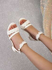 Sandale cu toc înalt cu cataramă, decorate cu perle la modă pentru fete, cu autocolante