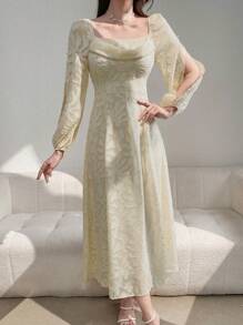 Modelyn 女士春夏優雅長款花紋氣球袖連衣裙 - 杏色 - 查看 5