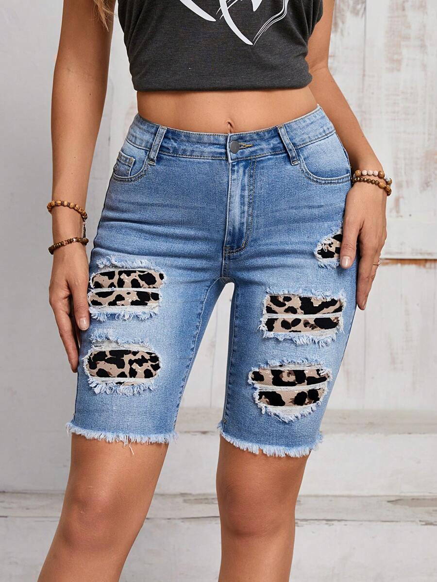 Breezaya Women's Simple Leopard Printed Daily Jeans - Blue - View 1