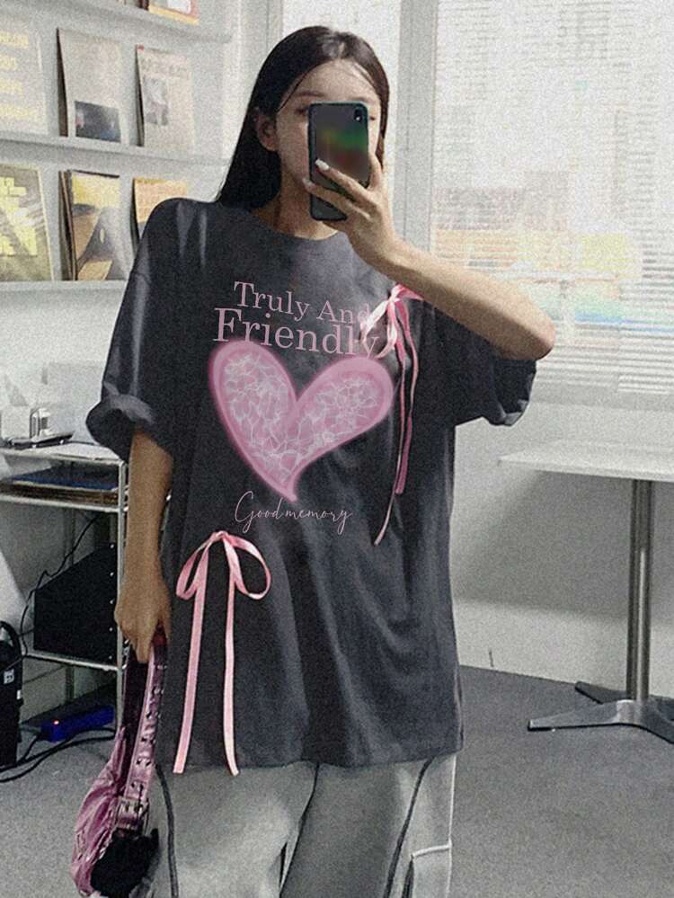 Women's Summer Loose Fit Casual T-Shirt With Slogan Print, Heart Shaped Design, Drop Shoulder Sleeve Cute Tops
