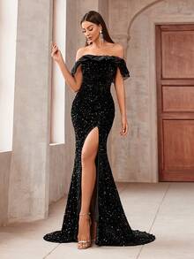 Váy dạ hội hở vai xẻ đùi đính sequin nặng cho nữ - màu đen - Xem 3