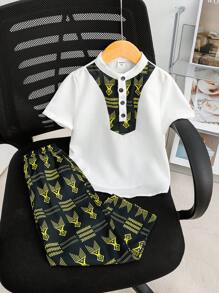 SHEIN Trẻ Con trai Dễ thương Phù hợp Dệt Đứng cổ áo Mẫu Ngắn tay Áo Và Quần 2 Miếng Bộ - Nhiều màu - Xem 1