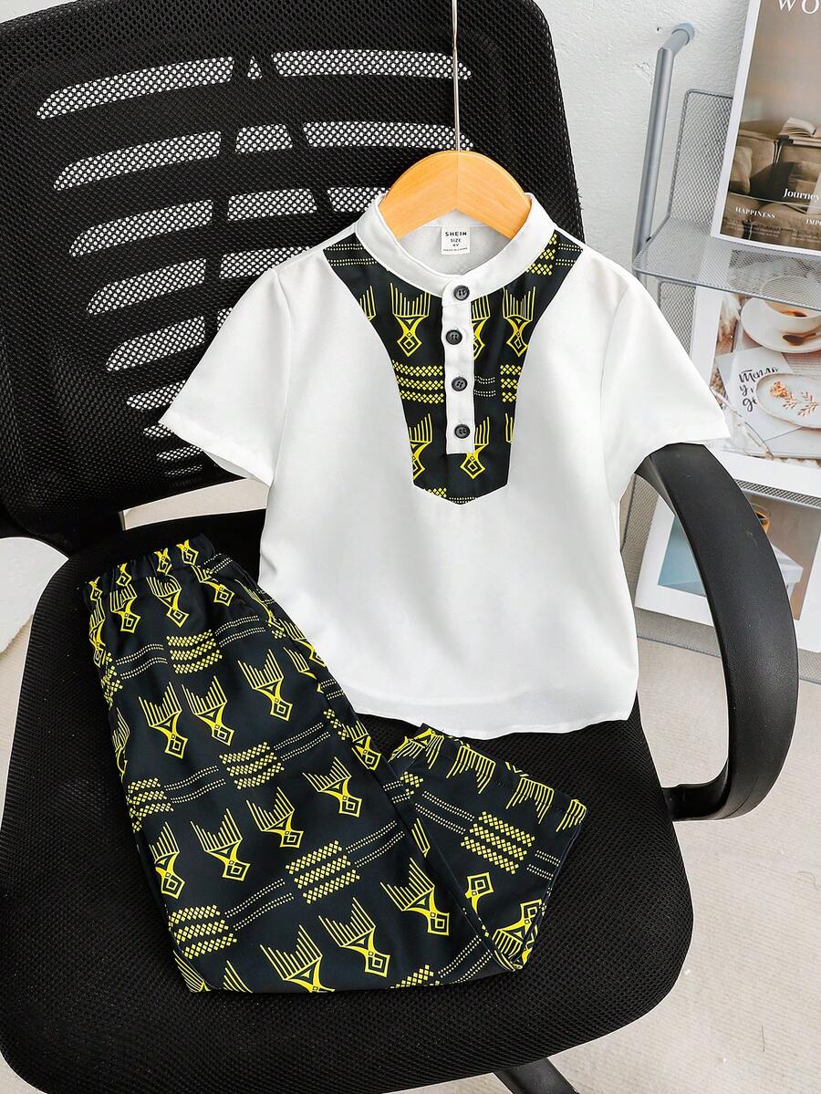 SHEIN Trẻ Con trai Dễ thương Phù hợp Dệt Đứng cổ áo Mẫu Ngắn tay Áo Và Quần 2 Miếng Bộ - Nhiều màu - Xem 1