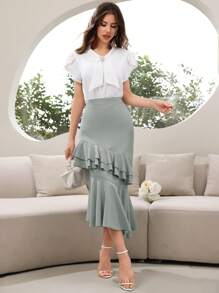 Modelyn Women's Solid Color Layered Asymmetrical Hem Elegant Skirt