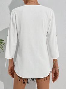 RueChic Women's V-Neck Fringed Tie Embroidered Retro Pattern Short Sleeve Vacation Shirt - White - View 2