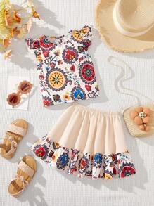 SHEIN Baby Girl Lovely Floral Cap Sleeve Top & Ruffle Hem Skirt Set, Perfect For Summer Vacation