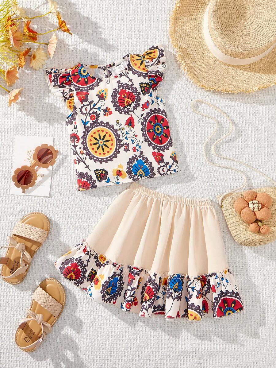 SHEIN Baby Girl Lovely Floral Cap Sleeve Top & Ruffle Hem Skirt Set, Perfect For Summer Vacation