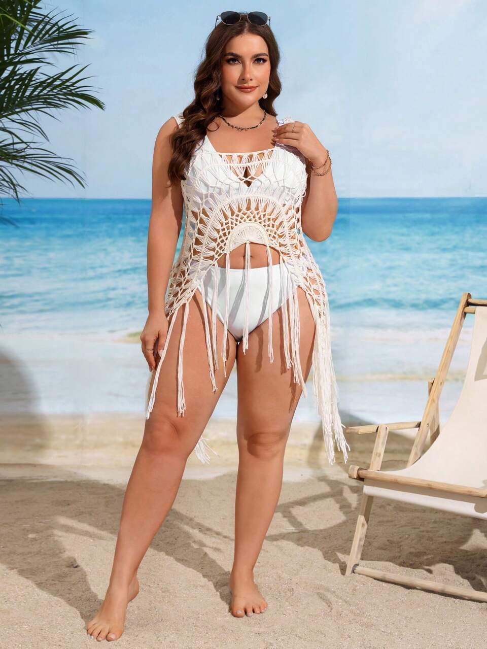Plus Size Summer Beach Solid Color Hollow Knitted Tassel Hem Cover-Up