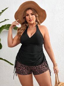 Swim Lushoire Conjunto de tankini de playa de verano de talla grande con parte superior de cuello halter y cordón ajustable y pantalones cortos cuadrados estampados de leopardo de unicolor, para vacaciones y ocio - Negro - Ver 3